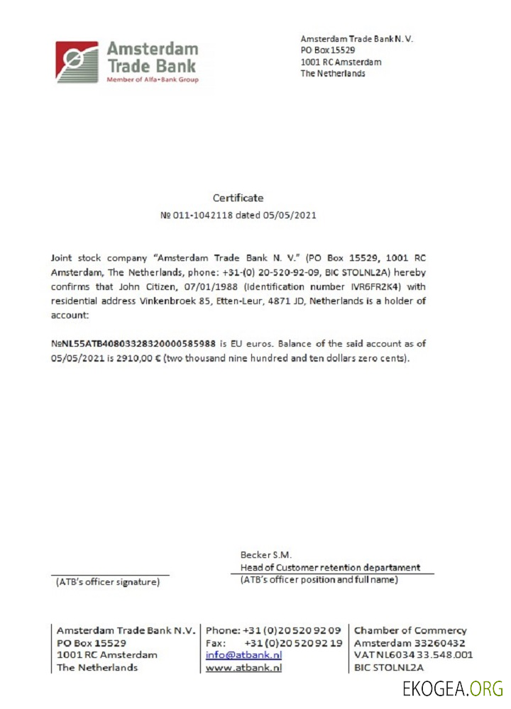 Pays , Bas , Amsterdam Trade Bank , certificate